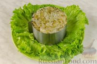 Слоёный салат с маринованными опятами, огурцом и картофелем